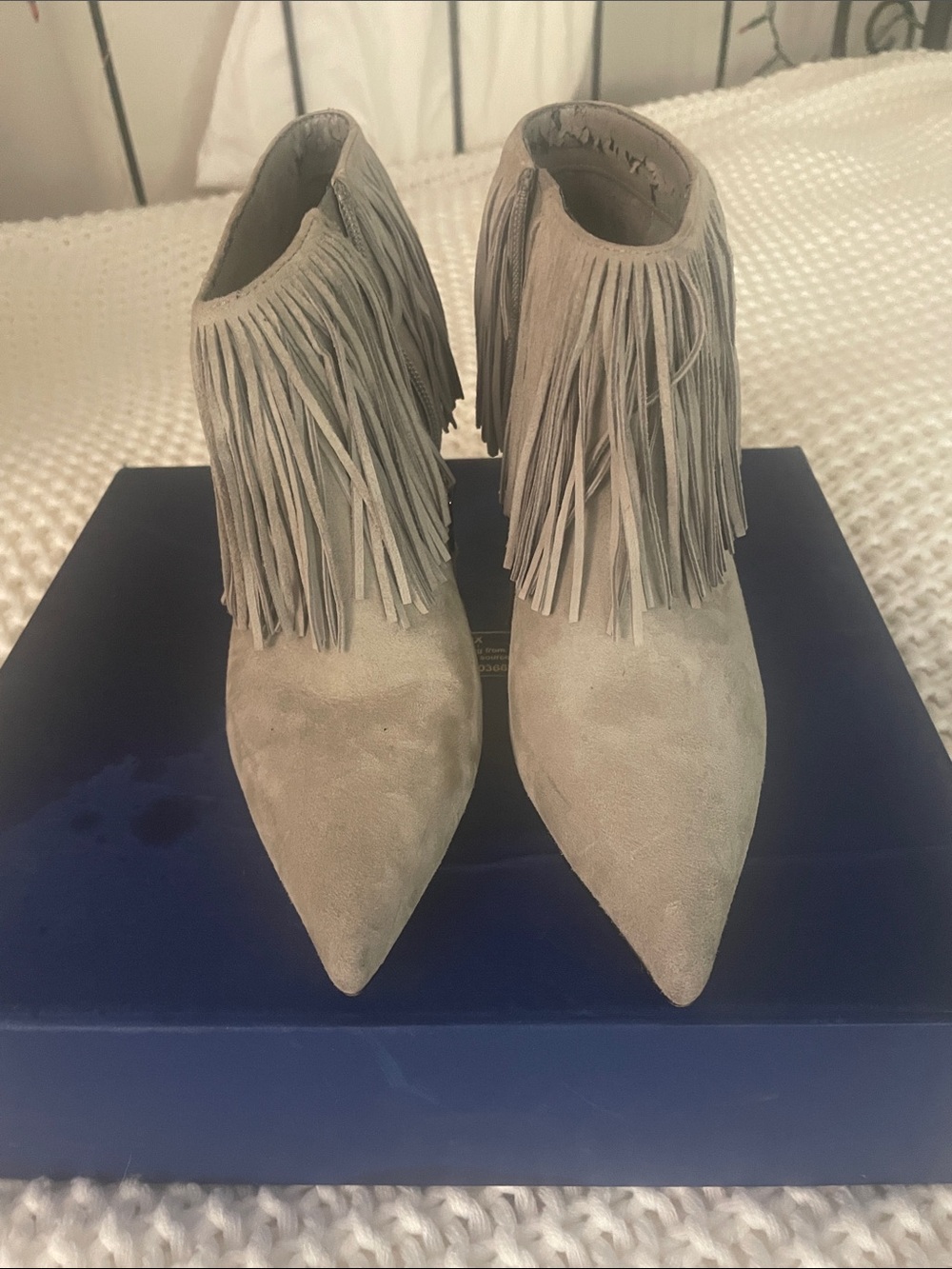 Sam Edelman Grey Suede Ankle Stiletto Fringe Boots. Size 6. Great Condition.